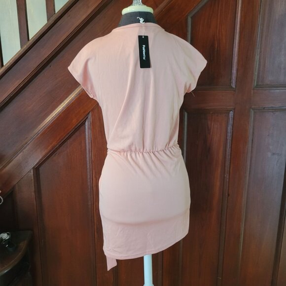 FashionMia Womens Pink Short Sleeve Belted Tunic Dress With Pockets NWT - Picture 2 of 6